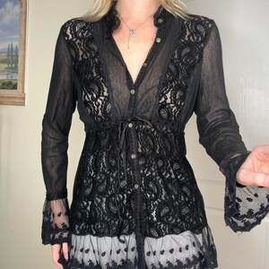 Passion Concept Black Sheer Lace Tie-Waist Fairy Blouse